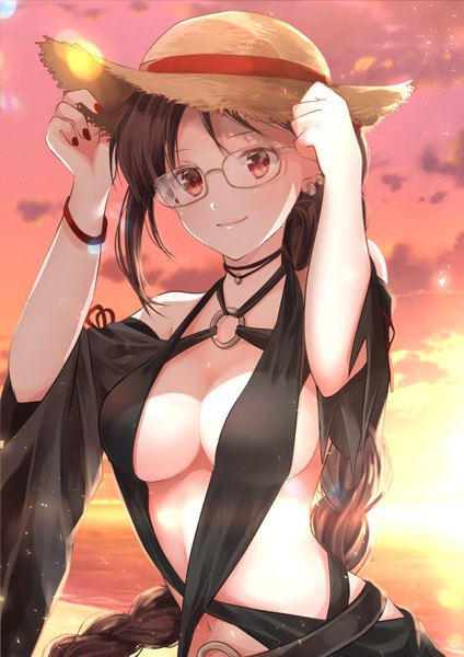 Anime picture 1061x1500 with fate (series) fate/grand order yu mei-ren (fate) iroha (shiki) single long hair tall image looking at viewer blush fringe breasts light erotic smile red eyes brown hair large breasts standing sky cleavage cloud (clouds)