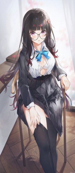 Anime picture 2955x6758 with honkai: star rail honkai (series) sparkle (honkai: star rail) swkl:d single long hair tall image looking at viewer fringe highres open mouth light erotic black hair sitting signed indoors blunt bangs long sleeves pleated skirt pink eyes