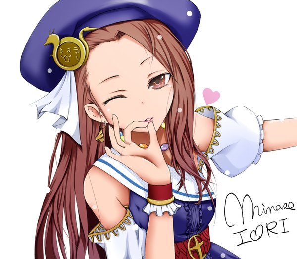 Anime picture 1515x1323 with idolmaster idolmaster (classic) minase iori kumaguma (artist) single long hair brown hair white background brown eyes one eye closed wink inscription character names ok sign palace of dragon (idolmaster) girl hat detached sleeves wrist cuffs