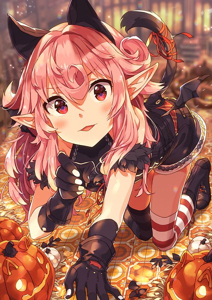 Anime picture 849x1200 with original recri (narumi arata) narumi arata single long hair tall image looking at viewer blush fringe open mouth hair between eyes animal ears pink hair tail head tilt animal tail pink eyes pointy ears blurry cat ears