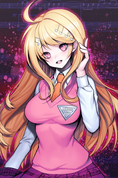 Anime picture 800x1200 with dangan ronpa new danganronpa v3 akamatsu kaede kyundoo single long hair tall image looking at viewer blush fringe breasts open mouth blonde hair smile large breasts standing payot ahoge long sleeves head tilt