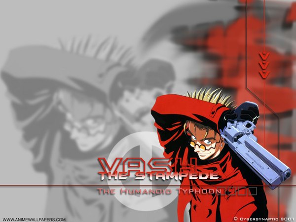 Anime picture 1024x768 with trigun vash the stampede single short hair blue eyes blonde hair smile signed from above inscription looking up smoke boy gloves weapon glasses gun coat