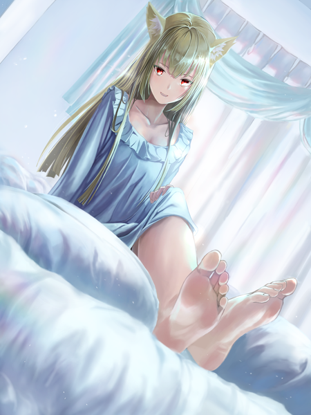 Anime picture 1800x2400 with original mikisai single long hair tall image looking at viewer blush fringe highres open mouth blonde hair hair between eyes red eyes sitting animal ears payot indoors long sleeves multicolored hair barefoot
