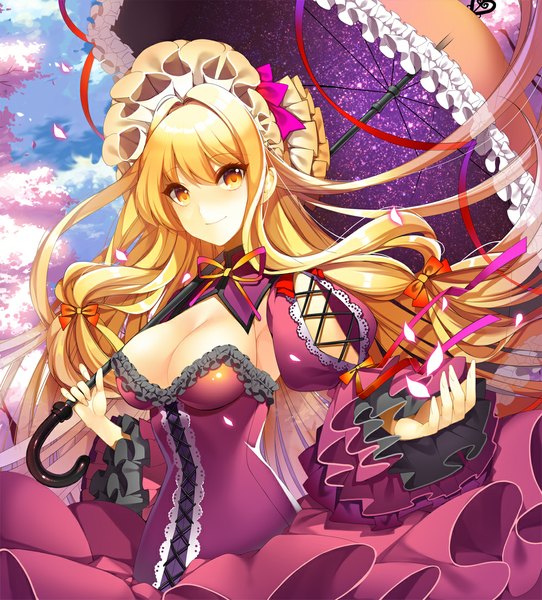 Anime picture 1000x1107 with touhou yakumo yukari roh nam kyung single long hair tall image looking at viewer blush breasts light erotic blonde hair yellow eyes cleavage light smile cherry blossoms girl dress ribbon (ribbons) plant (plants) petals