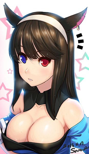 Anime picture 504x870 with final fantasy final fantasy xiv square enix miqo'te ecell (artist) single long hair tall image blush fringe breasts blue eyes light erotic black hair red eyes large breasts animal ears sweat heterochromia girl