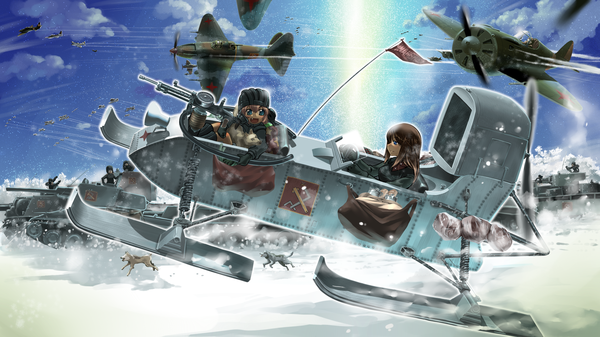 Anime picture 1920x1080 with girls und panzer katyusha (girls und panzer) nonna (girls und panzer) long hair highres short hair open mouth blue eyes blonde hair brown hair wide image sky winter war girl gloves weapon gun ground vehicle helmet