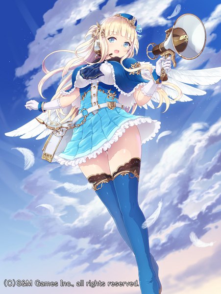 Anime-Bild 606x806 mit gyakushuu no fantasica original cait single long hair tall image looking at viewer fringe breasts open mouth blue eyes light erotic blonde hair large breasts holding sky cloud (clouds) blunt bangs from below watermark