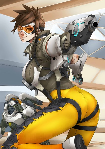 Anime picture 2000x2828 with overwatch blizzard entertainment tracer (overwatch) winston (overwatch) exaxuxer tall image highres short hair breasts light erotic black hair smile ass orange eyes girl weapon animal gun bodysuit goggles