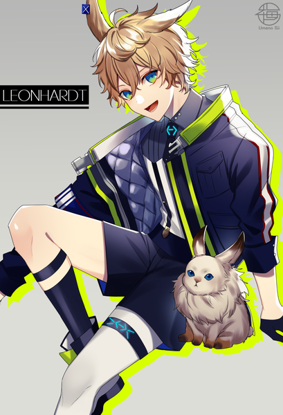 Anime picture 818x1200 with arknights leonhardt (arknights) umeno shii single tall image looking at viewer fringe short hair open mouth blue eyes simple background blonde hair hair between eyes sitting signed animal ears ahoge :d grey background arm support