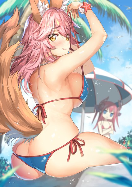 Anime picture 752x1062 with fate (series) fate/extra fate/extra ccc tamamo (fate) (all) elizabeth bathory (fate) (all) tamamo no mae (swimsuit lancer) (fate) elizabeth bathory (fate) body mahattaya ginga long hair tall image looking at viewer blush fringe breasts blue eyes light erotic large breasts sitting multiple girls animal ears