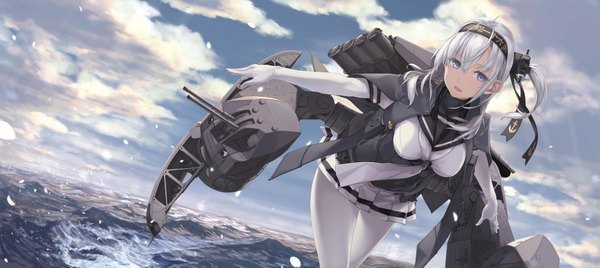 Anime picture 1900x851 with kantai collection suzutsuki (kancolle) chou-10cm-hou-chan (suzutsuki's) rokuwata tomoe single long hair looking at viewer fringe highres open mouth blue eyes hair between eyes wide image standing sky silver hair cloud (clouds) ahoge pleated skirt leaning