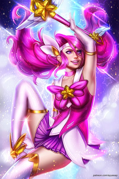 Anime picture 667x1000 with league of legends lux (league of legends) star guardian lux ayyasap single long hair tall image fringe open mouth light erotic smile hair between eyes twintails holding signed looking away pink hair cloud (clouds) bent knee (knees) pleated skirt