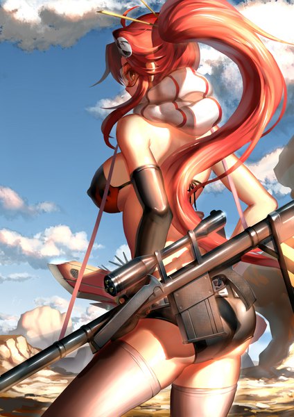 Anime picture 2480x3507 with tengen toppa gurren lagann gainax yoko littner otaku (artist) single long hair tall image looking at viewer fringe highres breasts light erotic large breasts standing brown eyes payot sky cloud (clouds) ahoge ass