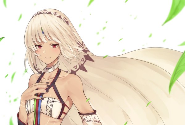 Anime picture 3125x2110 with fate (series) fate/grand order altera (fate) tsukamoto minori single looking at viewer highres short hair red eyes white background bare shoulders absurdres upper body white hair girl leaf (leaves) veil