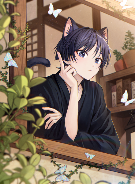 Anime picture 1560x2123 with genshin impact scaramouche (genshin impact) wanderer (genshin impact) pponnya single tall image looking at viewer short hair blue eyes black hair animal ears tail animal tail cat ears cat tail middle finger cat boy boy window insect
