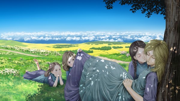 Anime picture 2133x1200 with original kagijou long hair highres short hair black hair blonde hair brown hair wide image multiple girls cloud (clouds) eyes closed black eyes landscape almost kiss girl plant (plants) tree (trees) 4 girls child (children)