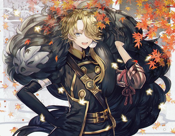 Anime picture 1300x1013 with touken ranbu nitroplus shishiou shishiou no mofumofu abandon ranka single long hair looking at viewer fringe open mouth blonde hair upper body hair over one eye hand on hip ;d silver eyes autumn boy gloves black gloves