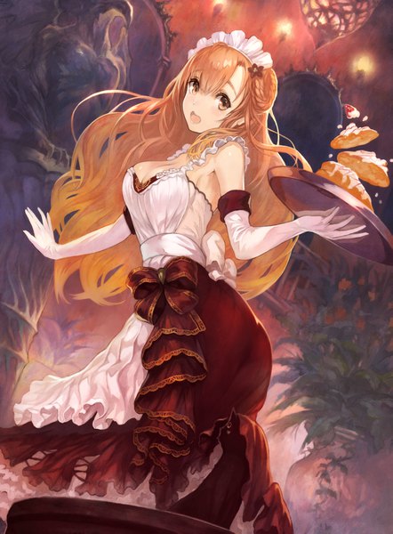 Anime-Bild 2894x3925 mit yoru no nai kuni gust (company) lyuritis (yoru no nai kuni) yoshiku (oden-usagi) single long hair tall image looking at viewer blush highres open mouth holding brown eyes :d orange hair maid reflection girl gloves uniform