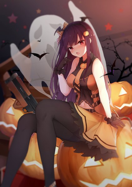 Anime picture 2480x3508 with girls frontline wa2000 (girls frontline) jun.bit single long hair tall image looking at viewer blush fringe highres breasts open mouth red eyes sitting purple hair head tilt blurry arm support shadow depth of field