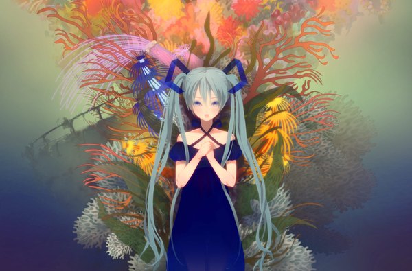 Anime picture 1960x1292 with vocaloid hatsune miku ixima single long hair highres blue eyes twintails aqua hair girl dress plant (plants)