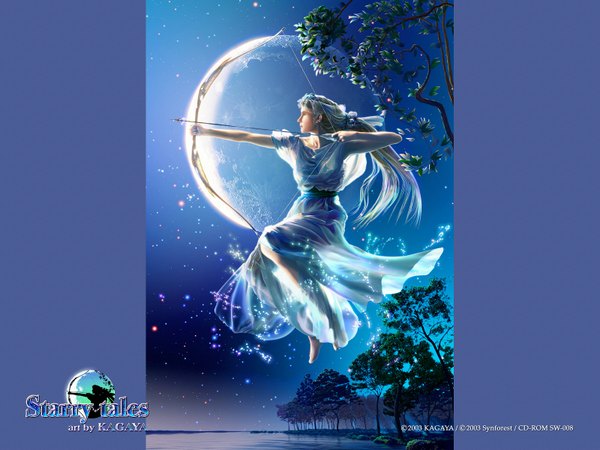 Anime picture 1600x1200 with kagaya single long hair blonde hair profile realistic night night sky weightlessness 3d girl dress weapon moon star (stars) branch bow (weapon)