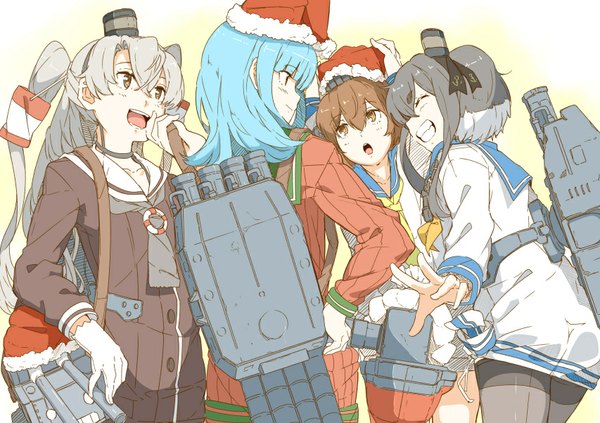 Anime picture 853x602 with kantai collection amatsukaze destroyer yukikaze destroyer tokitsukaze destroyer hatsukaze destroyer ninimo nimo long hair fringe short hair open mouth simple background smile hair between eyes brown hair multiple girls brown eyes blue hair eyes closed profile grey hair