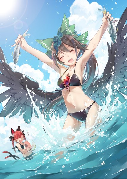 Anime picture 1224x1718 with touhou reiuji utsuho kaenbyou rin toutenkou long hair tall image open mouth smile brown hair standing multiple girls animal ears sky cloud (clouds) ponytail red hair tail braid (braids) eyes closed animal tail