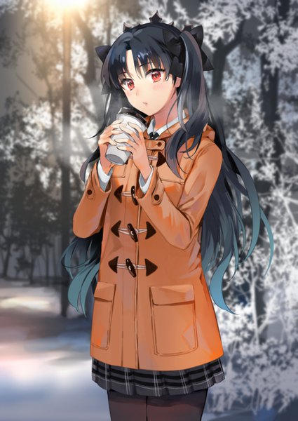 Anime picture 650x917 with fate (series) fate/grand order ishtar (fate) ice (ice aptx) single long hair tall image looking at viewer blush fringe black hair red eyes standing holding outdoors parted lips pleated skirt blurry two side up depth of field