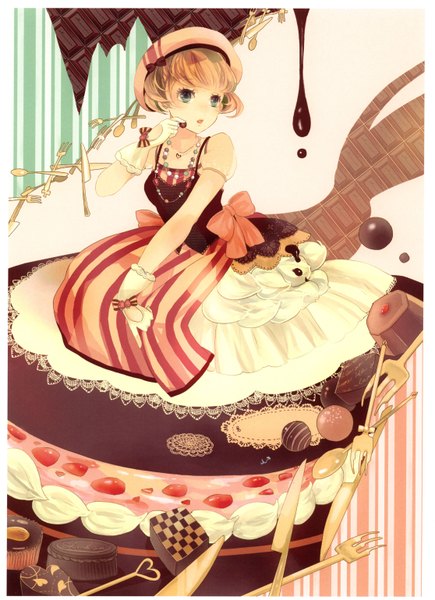 Anime picture 2232x3079 with original sakuragi kei single tall image highres short hair open mouth blue eyes blonde hair looking away scan girl dress gloves food sweets beret knife cake chocolate