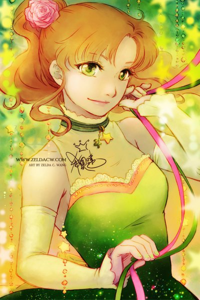 Anime picture 540x810 with bishoujo senshi sailor moon toei animation kino makoto zelda c. wang single long hair tall image looking at viewer fringe smile brown hair holding green eyes signed payot upper body ponytail arm up hair flower sparkle