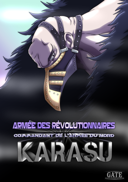 Anime picture 1800x2560 with one piece toei animation karasu (one piece) pisces-d-gate single tall image looking at viewer highres purple eyes signed profile fur trim character names gradient background text coloring shaded face covered mouth bald boy