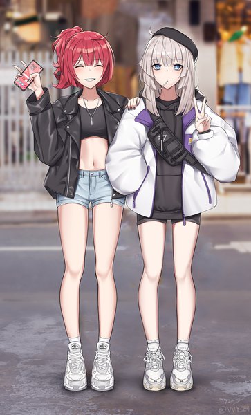 Anime picture 1000x1650 with girls frontline original balenciaga aa-12 (girls frontline) mp7 (girls frontline) vvy long hair tall image looking at viewer blush fringe short hair blue eyes smile hair between eyes standing multiple girls silver hair full body ahoge