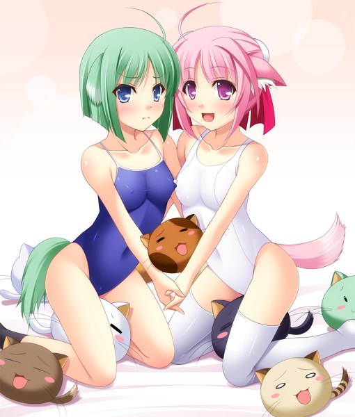 Anime picture 1020x1200 with dog days millhiore f biscotti eclair martinozzi narutaki shin tall image blush short hair open mouth blue eyes light erotic white background multiple girls animal ears pink hair ahoge tail animal tail pink eyes green hair kneeling