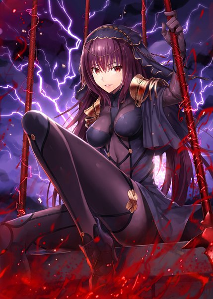 Anime picture 643x900 with fate (series) fate/grand order scathach (fate) (all) scathach (fate) gabiran single long hair tall image looking at viewer fringe breasts light erotic hair between eyes red eyes purple hair covered nipples lightning girl weapon armor