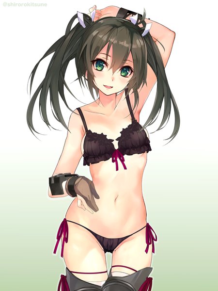 Anime picture 750x1000 with kantai collection zuikaku aircraft carrier shirokitsune single long hair tall image looking at viewer blush fringe breasts open mouth light erotic simple background smile hair between eyes standing twintails green eyes signed cleavage
