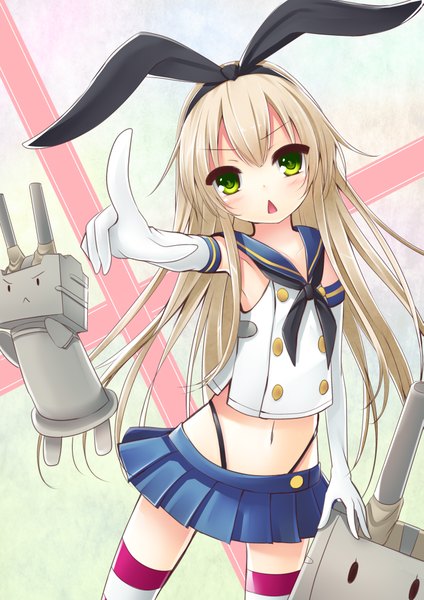 Anime picture 2893x4092 with kantai collection shimakaze destroyer rensouhou-chan tanakahazime (artist) long hair tall image blush highres open mouth light erotic blonde hair green eyes midriff bunny ears pointing girl thighhighs gloves navel miniskirt