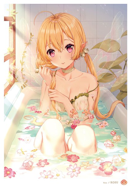 Anime picture 1359x1920 with otona no moeoh rosuuri single long hair tall image blush fringe breasts light erotic blonde hair hair between eyes twintails signed looking away cleavage ahoge indoors pink eyes light smile pointy ears