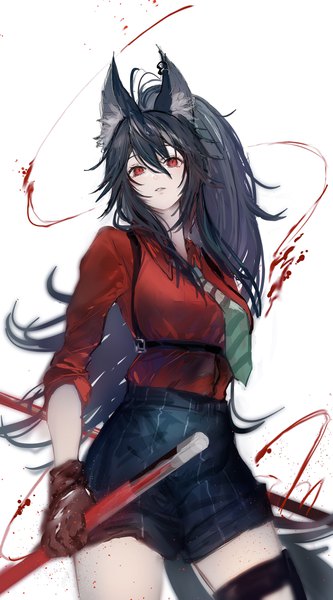 Anime picture 2165x3906 with arknights texas (arknights) texas (willpower) (arknights) nanaponi single long hair tall image fringe highres black hair simple background hair between eyes red eyes white background animal ears ponytail official alternate costume girl shirt necktie