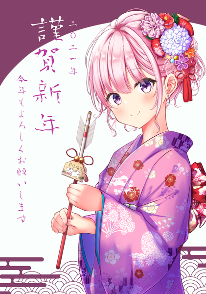 Anime picture 1403x2000 with original ustn (usatan) single tall image looking at viewer blush short hair smile purple eyes pink hair upper body traditional clothes japanese clothes new year 2021 nengajou egasumi seigaiha girl hair ornament