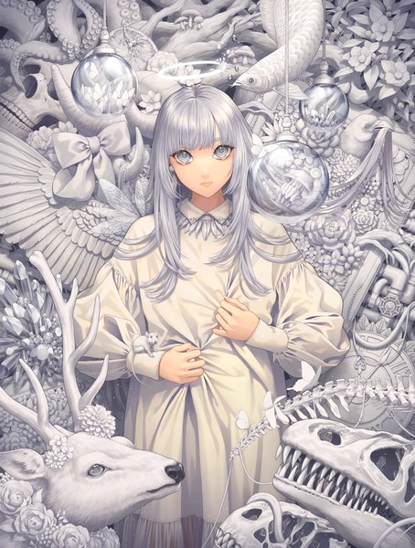 Anime picture 3791x5015 with original minami (minami373916) single long hair tall image looking at viewer fringe highres standing absurdres silver hair blunt bangs long sleeves puffy sleeves silver eyes scorpion girl dress flower (flowers) bow
