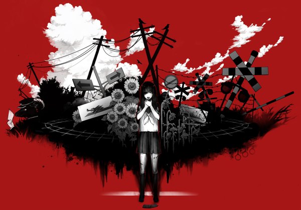 Anime picture 3338x2336 with vocaloid ohagi (ymnky) single long hair looking at viewer fringe highres open mouth standing absurdres cloud (clouds) horn (horns) hair over one eye tattoo monochrome red background abstract choking girl gloves