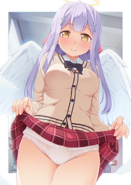 Anime picture 850x1200 with gabriel dropout doga kobo shiraha raphiel ainsworth tachimi (basue) single long hair tall image blush light erotic smile holding yellow eyes purple hair from below plaid skirt skirt lift angel wings white wings classroom angel