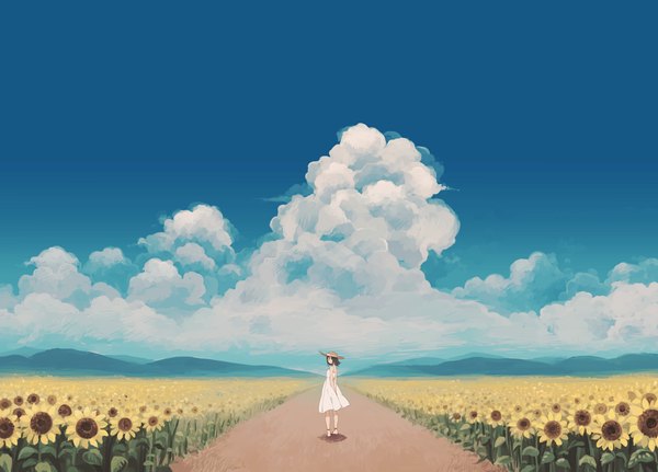 Anime picture 2295x1650 with original matsuki (mikipingpong) single fringe highres short hair black hair standing sky cloud (clouds) looking back wind hands behind back horizon mountain landscape nature field girl dress