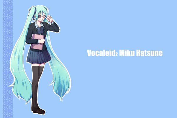 Anime picture 1200x800 with vocaloid hatsune miku single fringe blue eyes simple background twintails blue hair full body very long hair one eye closed light smile wink copyright name text blue background adjusting glasses girl thighhighs skirt