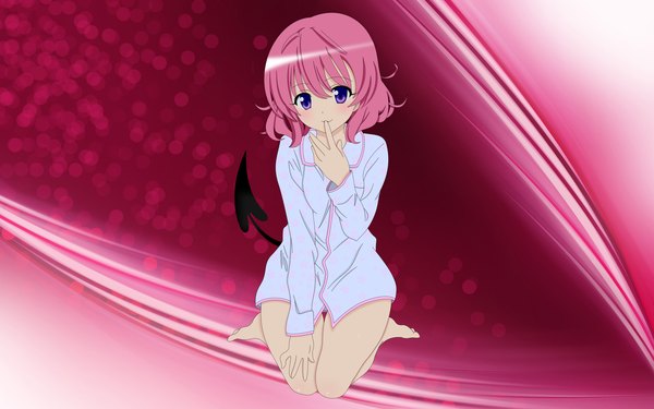 Anime picture 1920x1200 with toloveru xebec momo velia deviluke single looking at viewer highres short hair light erotic wide image purple eyes pink hair tail finger to mouth demon tail shirt