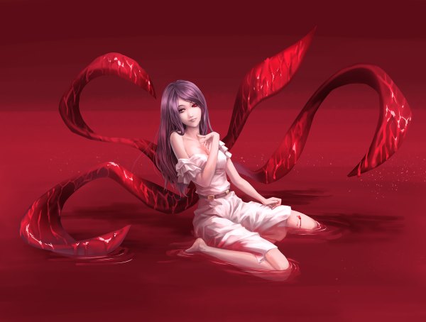 Anime picture 1200x908 with tokyo ghoul studio pierrot kamishiro rize chocofox midiy single long hair looking at viewer smile red eyes sitting bare shoulders purple hair barefoot bare legs no shoes red background clenched teeth black sclera girl