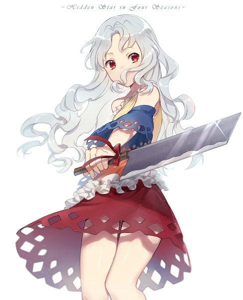 Anime picture 1122x1382 with touhou sakata nemuno ekita xuan single long hair tall image looking at viewer simple background red eyes white background holding silver hair from below copyright name thigh gap wavy hair girl dress weapon detached sleeves