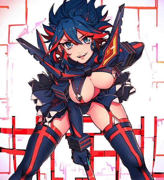 Anime picture 1000x1100 with kill la kill studio trigger matoi ryuuko senketsu asakare single tall image looking at viewer short hair breasts open mouth blue eyes light erotic smile large breasts blue hair :d multicolored hair two-tone hair streaked hair