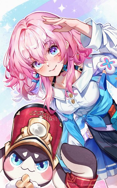 Anime picture 1300x2083 with honkai: star rail honkai (series) march 7th (honkai: star rail) pom-pom (honkai: star rail) mihan77108047 long hair tall image looking at viewer fringe blue eyes smile hair between eyes pink hair leaning leaning forward salute girl creature