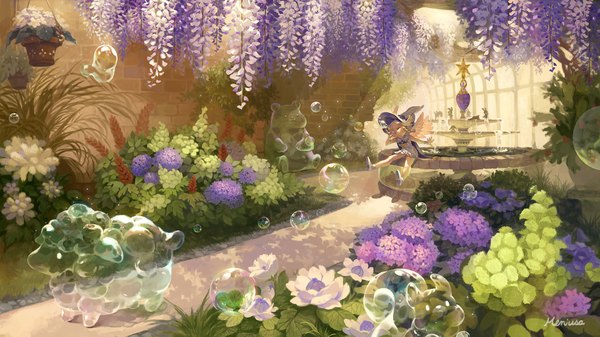 Anime picture 1920x1080 with original meniusa single long hair highres blonde hair wide image sitting holding signed braid (braids) eyes closed sunlight shadow sunbeam multiple wings bubble blowing dress flower (flowers) plant (plants)